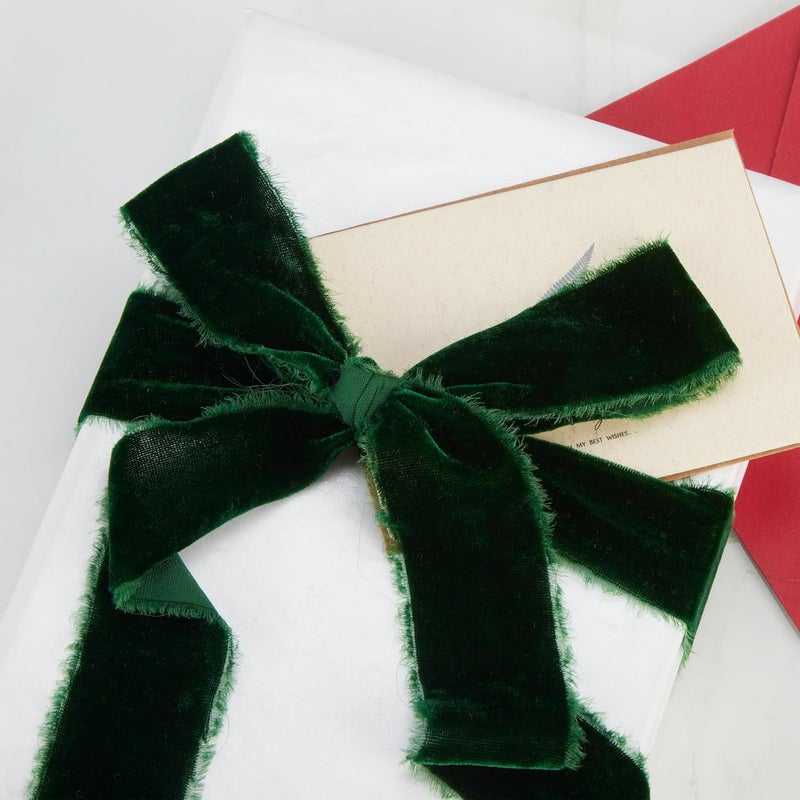 Keypan Green Velvet Ribbon for Gift Wrapping - 1 1/2 inch Wide Handmade Fringe Fabric Ribbons for Christmas Decorations, Baby Shower, Flower Bouquet - Image 4